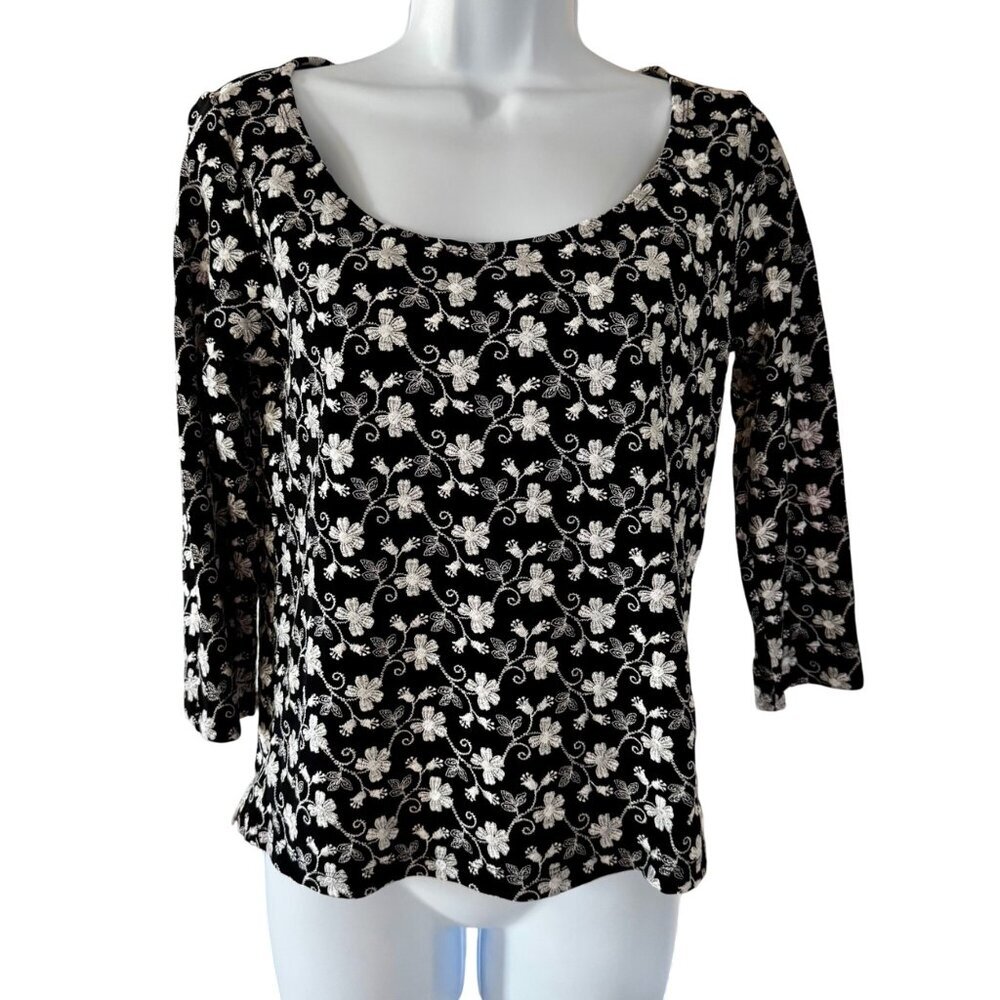 Carole Little Black White Embroidered Floral Pattern Top Womens Medium